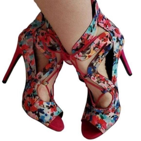 STILETTO HEELS PUMPS SHOES Pink Floral Peep Toe Lace Up Qupid Women's WOMAN'S 10 - Picture 13 of 16
